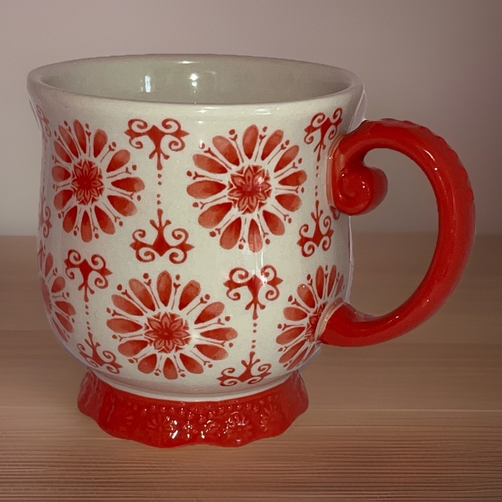 Pioneer Woman Mug Red Floral Burst Oversize Footed Stoneware Coffee Tea Cup 19oz